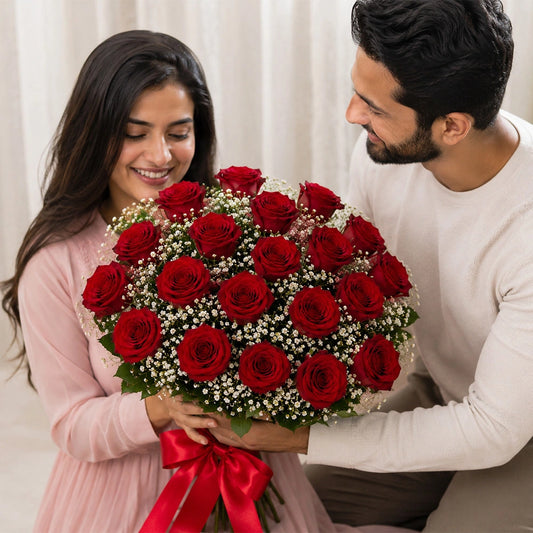 22 Roses & Gypsophila Classic Bouquet - Fresh Anniversary & Birthday Gift