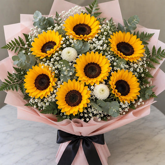 7 Sunflowers, White Daisy & Eucalyptus Botanical Bouquet - Birthday & Friendship Gift
