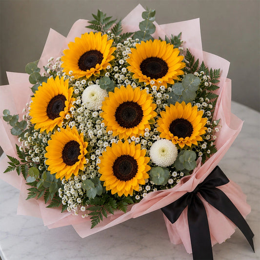 7 Sunflowers, White Daisy & Eucalyptus Botanical Bouquet - Birthday & Friendship Gift