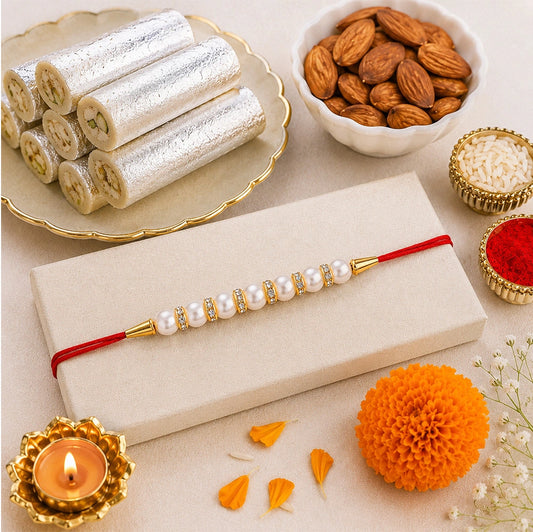 Pearl Rakhi with Kaju Roll & Almonds | Traditional Raksha Bandhan Sweet Hamper