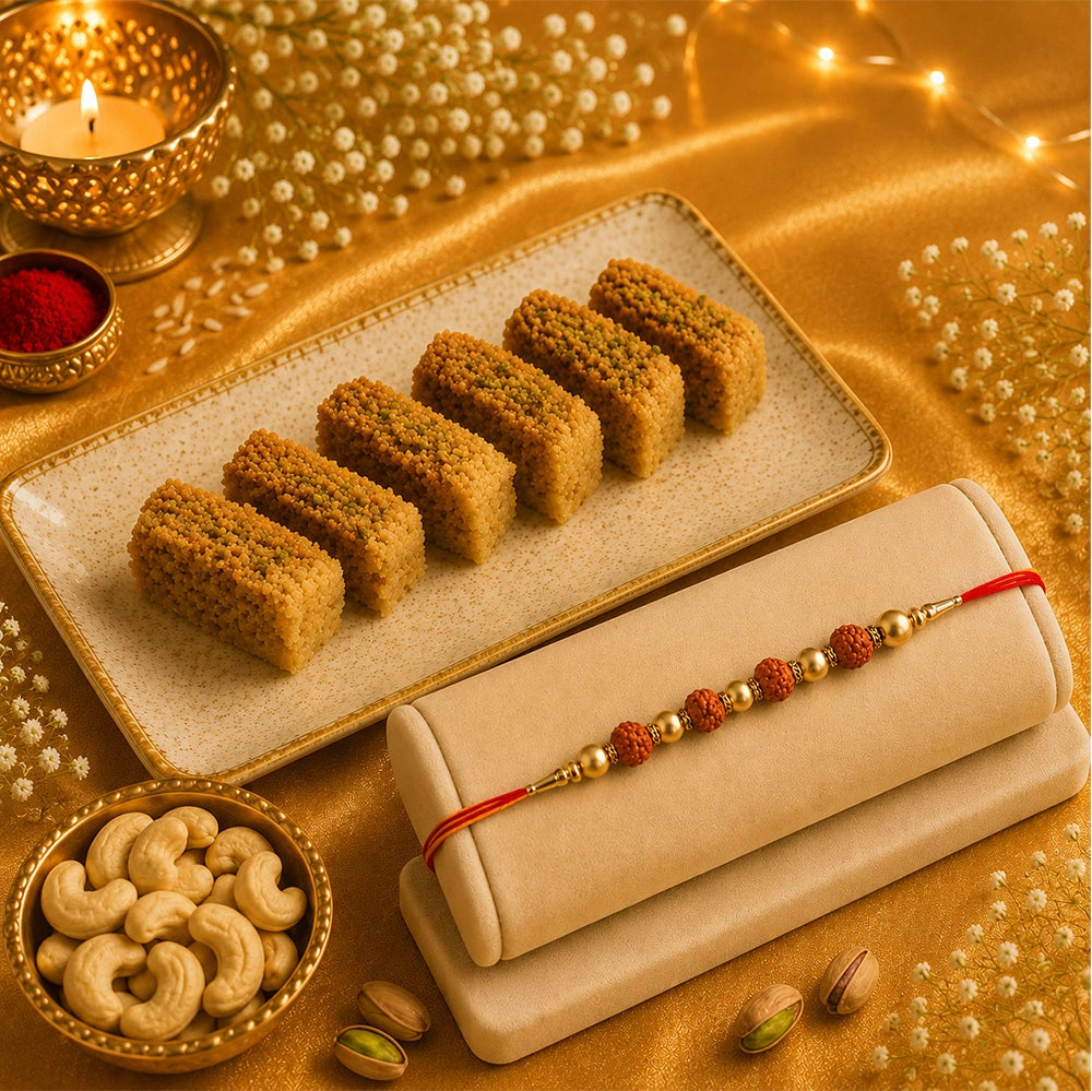 Rudraksha Rakhi with Milk Cake & Cashews | Rich Raksha Bandhan Gift Hamper