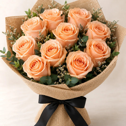 10 Peach Roses Rustic Jute Bouquet - Warm Birthday & Mother's Day Gift