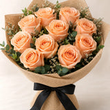 10 Peach Roses Rustic Jute Bouquet