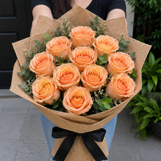10 Peach Roses Rustic Jute Bouquet - Warm Birthday & Mother's Day Gift