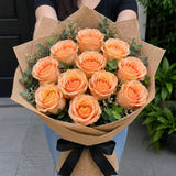 10 Peach Roses Rustic Jute Bouquet
