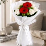 5 White Roses & Red Gerbera Mini Bouquet