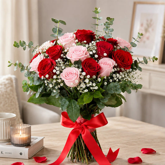 8 Light Pink & 8 Red Roses Garden Bouquet with Eucalyptus - Anniversary Gift