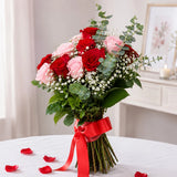 8 Light Pink & 8 Red Roses Garden Bouquet with Eucalyptus - Anniversary Gift
