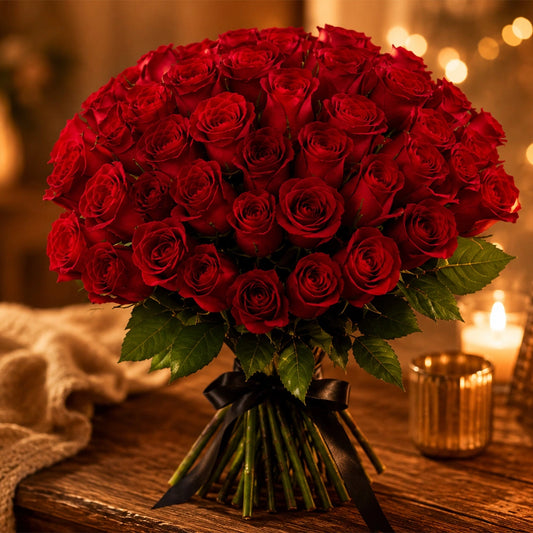 50 Red Roses Grand Hand-Tied Bouquet - Ultimate Valentine's Day & Anniversary Gift