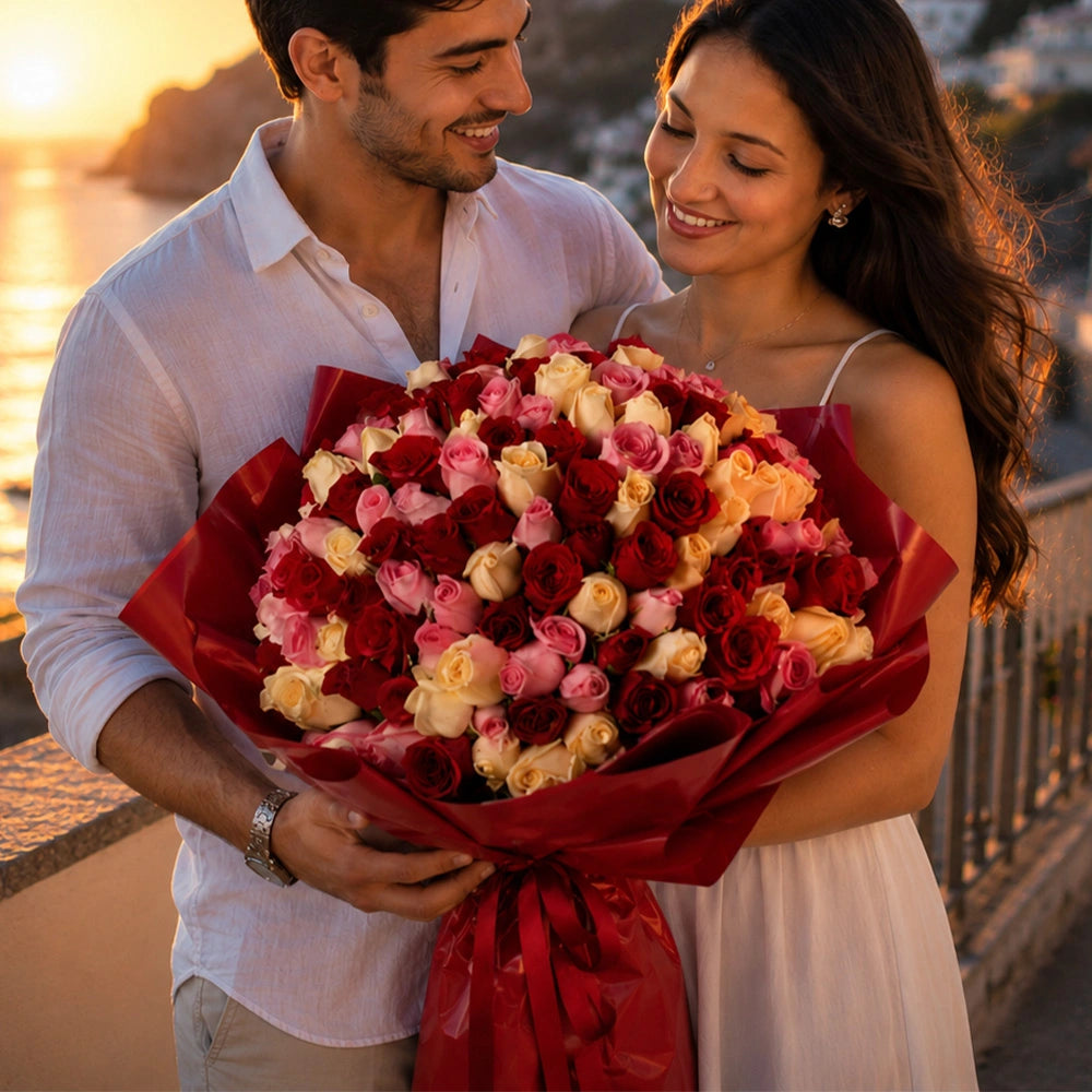 100 Mixed Roses in Red Premium Paper Bouquet - Luxury Anniversary & Birthday Gift