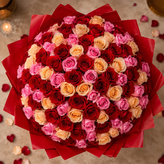 100 Mixed Roses in Red Premium Paper Bouquet - Luxury Anniversary & Birthday Gift