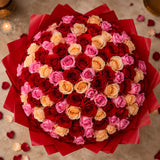 100 Mixed Roses in Red Premium Paper Bouquet - Luxury Anniversary & Birthday Gift
