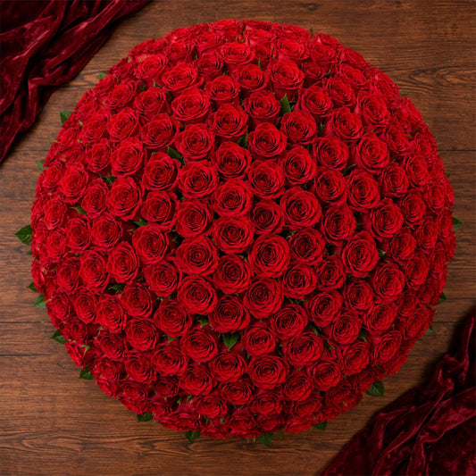 200 Red Roses in Handcrafted Cane Basket - Grand Anniversary & Valentine's Gift