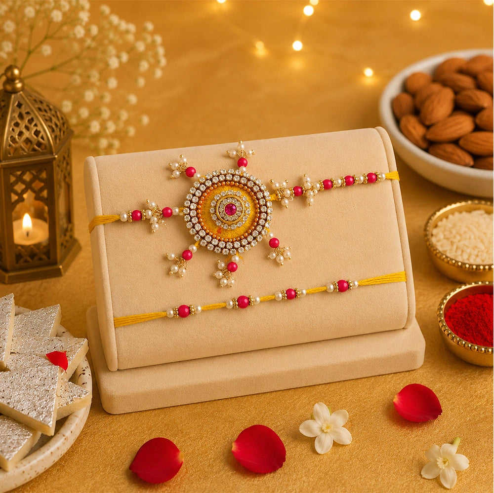 Designer Beads Bhaiya Bhabhi Rakhi in Yellow & Pink | Vibrant Raksha Bandhan Gift