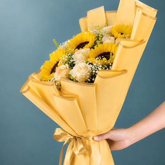 5 Sunflowers & 6 Peach Roses Sea Green Bouquet - Birthday & Friendship Gift
