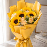 5 Sunflowers & 6 Peach Roses Sea Green Bouquet - Birthday & Friendship Gift