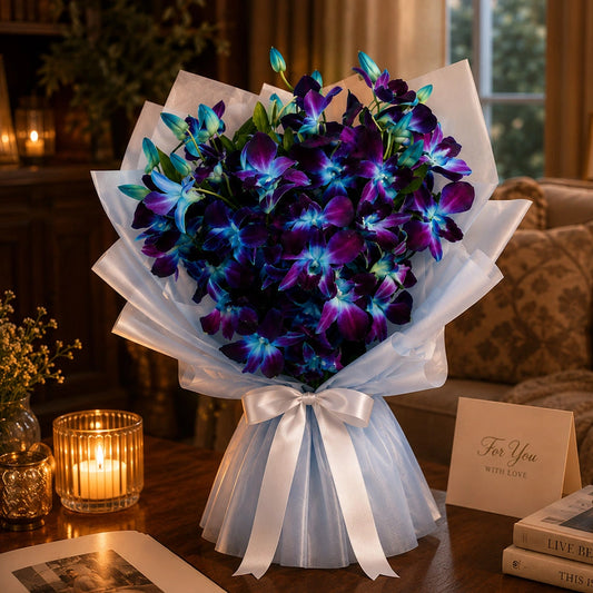 6 Blue Orchids Rustic Jute Bouquet - Exotic Anniversary & Birthday Gift