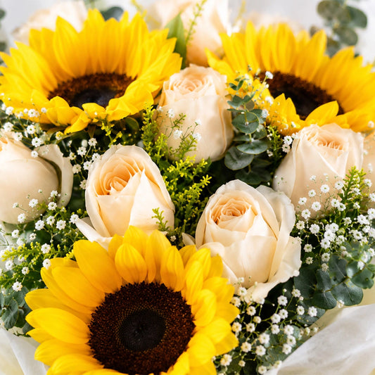 2 Sunflowers & 10 Peach Roses Eucalyptus Bouquet - Fresh Birthday & Mother's Day Gift