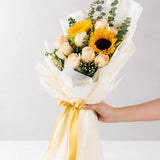 2 Sunflowers & 10 Peach Roses Eucalyptus Bouquet