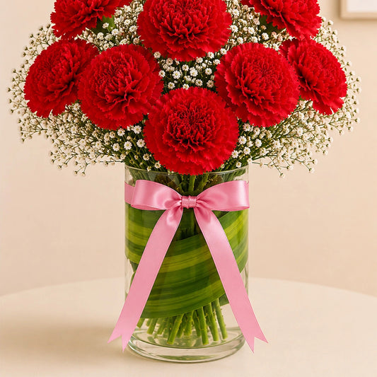 8 Red Carnations Glass Vase Arrangement - Fresh Mother's Day & Anniversary Gift
