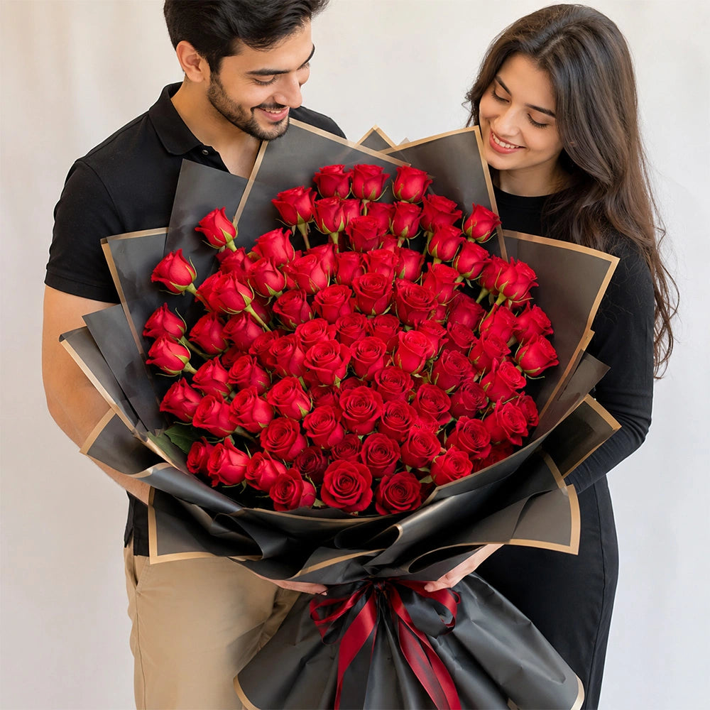 80 Red Roses Black Wrap Grand Bouquet