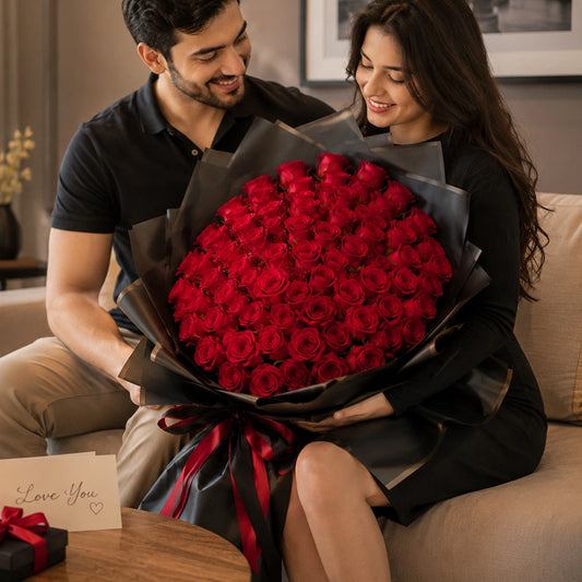80 Red Roses Black Wrap Grand Bouquet - Bold Anniversary & Valentine's Day Gift