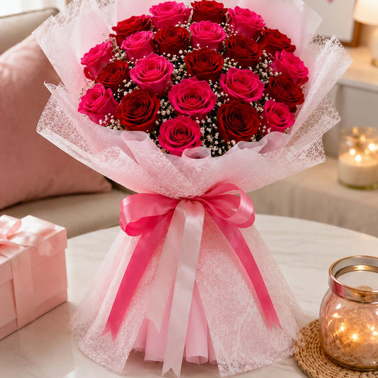 10 Pink & 10 Red Roses Two-Tone Dual Affair Bouquet - Anniversary & Wedding Gift