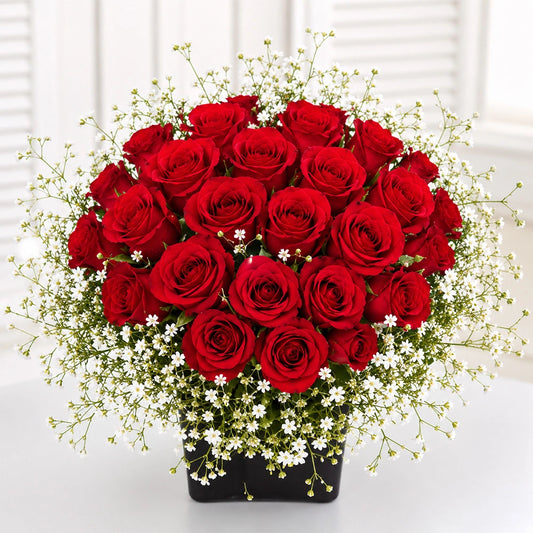 32 Red Roses Glass Vase Romantic Arrangement - Anniversary & Valentine's Day Gift