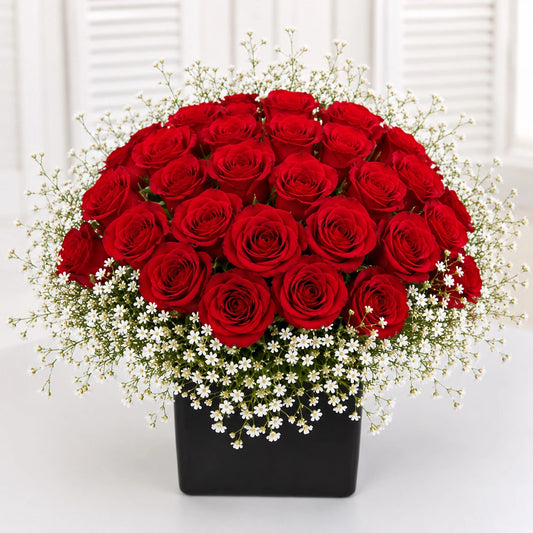 32 Red Roses Glass Vase Romantic Arrangement - Anniversary & Valentine's Day Gift