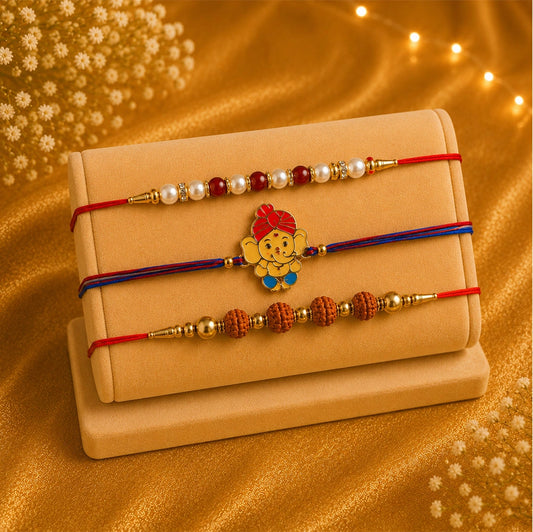 Pearl, Rudraksha & Ganesha Rakhi with Kaju Roll & Almonds | Family Rakhi Hamper