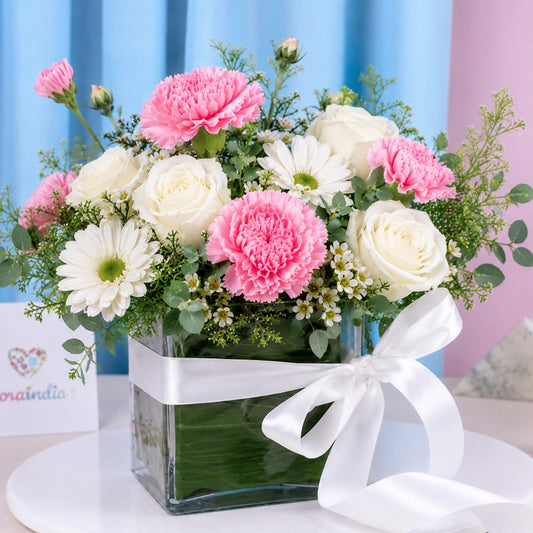 6 White Roses, Pink Carnations & Daisy Square Vase - Fresh Birthday & Wedding Gift