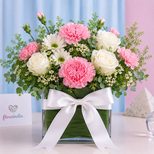 6 White Roses, Pink Carnations & Daisy Square Vase - Fresh Birthday & Wedding Gift