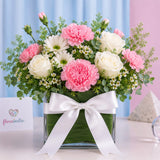 6 White Roses, Pink Carnations & Daisy Square Vase - Fresh Birthday & Wedding Gift