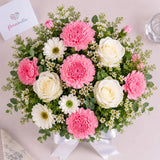 6 White Roses, Pink Carnations & Daisy Square Vase - Fresh Birthday & Wedding Gift
