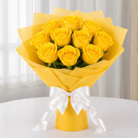 10 Yellow Roses Bright Sunshine Bouquet - Fresh Birthday & Friendship Day Gift
