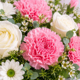 6 White Roses, Pink Carnations & Daisy Square Vase - Fresh Birthday & Wedding Gift