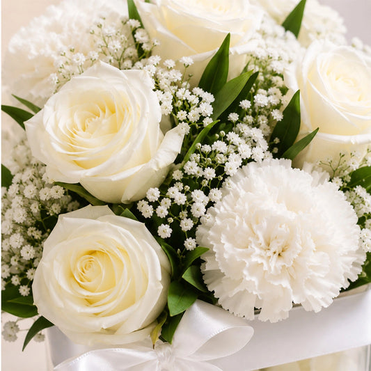 10 White Roses & 5 White Carnations Square Vase Arrangement - Anniversary Gift