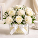 10 White Roses & 5 White Carnations Square Vase Arrangement