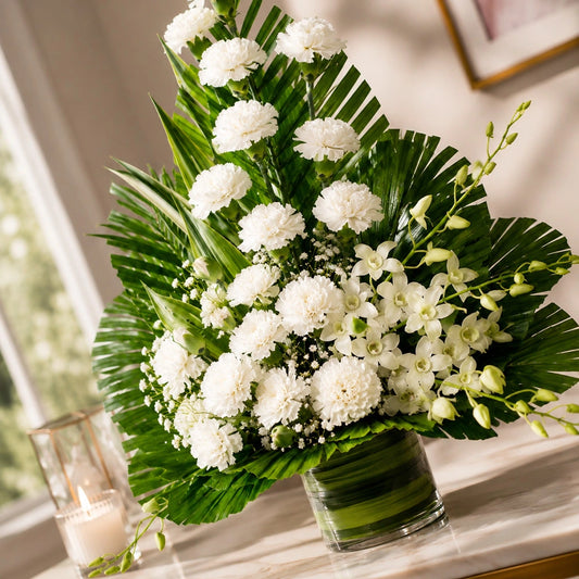 20 White Carnations & Orchid Tropical Basket Arrangement - Anniversary Gift