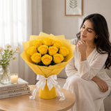10 Yellow Roses Bright Sunshine Bouquet - Fresh Birthday & Friendship Day Gift