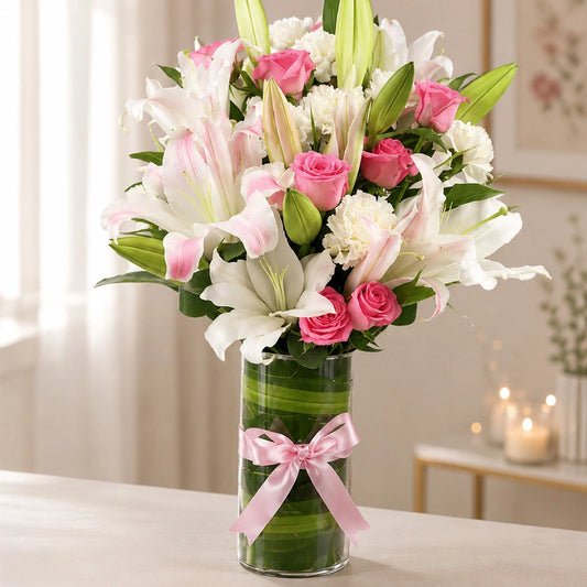 Pink Roses, White Carnations & Oriental Lily Cylindrical Vase - Anniversary Gift
