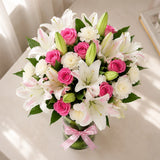 Pink Roses, White Carnations & Oriental Lily Cylindrical Vase