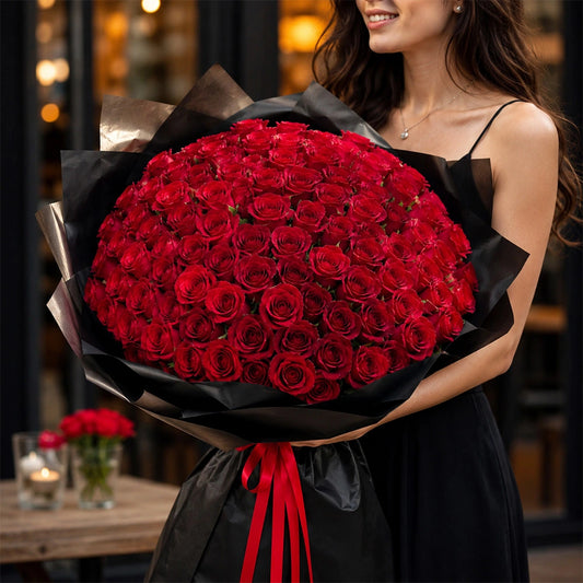100 Red Roses Black Elegance Grand Bouquet - Luxury Anniversary & Valentine's Gift