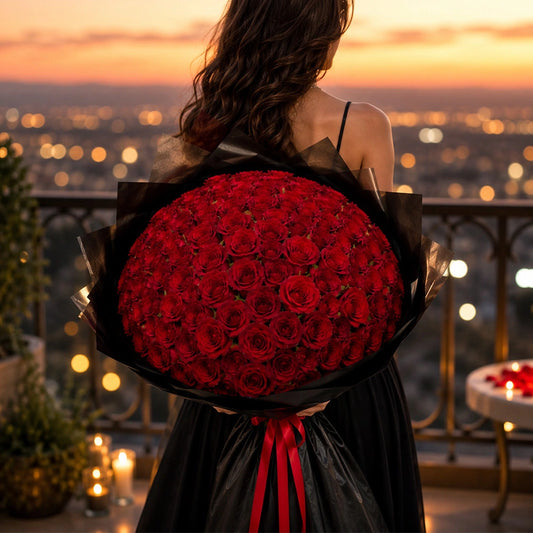 100 Red Roses Black Elegance Grand Bouquet - Luxury Anniversary & Valentine's Gift
