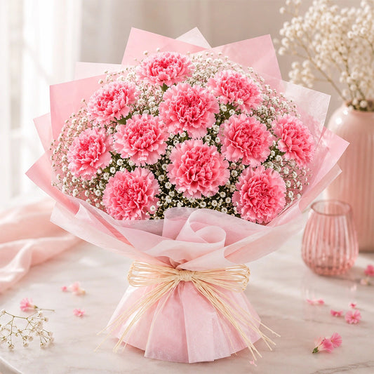 15 Baby Pink Carnations & Satin Ribbon Bouquet - Mother's Day & Birthday Gift