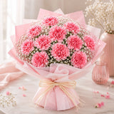 15 Baby Pink Carnations & Satin Ribbon Bouquet