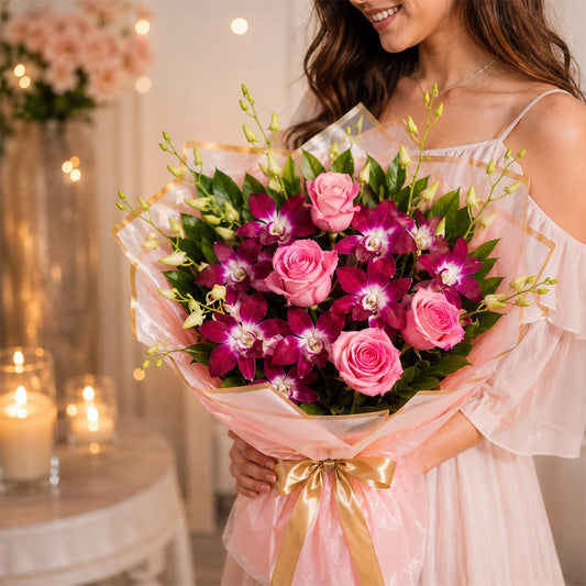 Purple Orchids & Pink Roses Royal Peach Bouquet - Birthday & Anniversary Gift