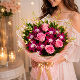 Purple Orchids & Pink Roses Royal Peach Bouquet