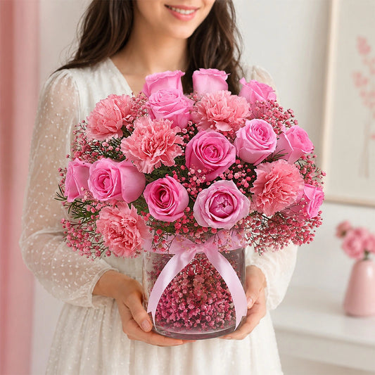 12 Pink Roses & 5 Carnations Cylindrical Glass Jar - Fresh Anniversary Gift