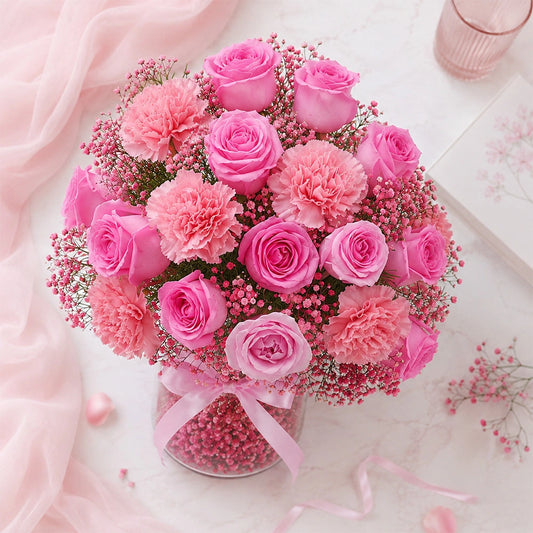 12 Pink Roses & 5 Carnations Cylindrical Glass Jar - Fresh Anniversary Gift